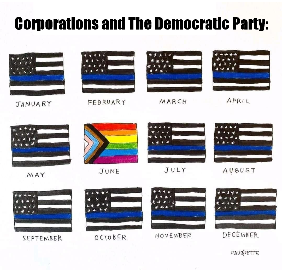 The meme is a humorous comparison between the corporate world and the Democratic Party, highlighting their perceived similarities. The image features a series of side-by-side comparisons, with a corporate logo on the left and a Democratic Party logo on the right, with a caption "Corporate and Democratic Party logos" above the image.